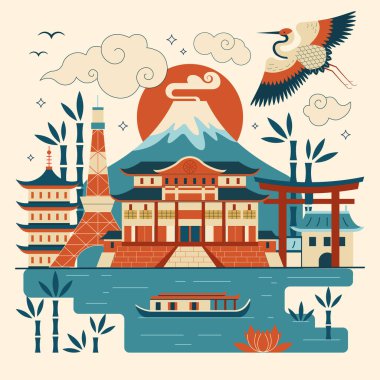 Fuji Dağı, Japon tapınağı, torii kapıları ve uçan vinçle Japonya sahnesini gezmek. Popüler Japon sembolleri ve turist simgeleriyle Asya 'da tatil kartı. Asya 'da tatil düz bir şekilde resmedildi.