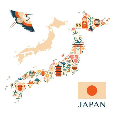 Japonya ünlü kültürel semboller ve mimari ile seyahat haritası. Japon turist posteri veya kart tasarımı ünlü simgeler, popüler hediyelik eşyalar, hayvanlar, Asya yemekleri ve mimari anıtlar.