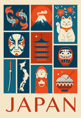 Japonya 'nın klasik seyahat posteri. Japon kültürünün geleneksel unsurları ve Maneki Neko kedisi, Daruma, katana, Fuji dağı, ramen, kabuki maskesi, koi balığı gibi ünlü ulusal sembollere sahip Retro şehir baskısı.