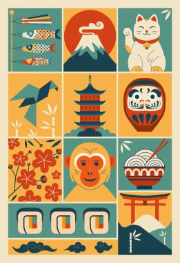 Japonya 'nın klasik seyahat posteri. Geleneksel Japon kültürünün öğeleri ve Maneki Neko kedisi, Daruma, origami, Fuji dağı, ramen, pagoda, Torii kapıları gibi ünlü ulusal sembollere sahip Retro şehir baskısı.