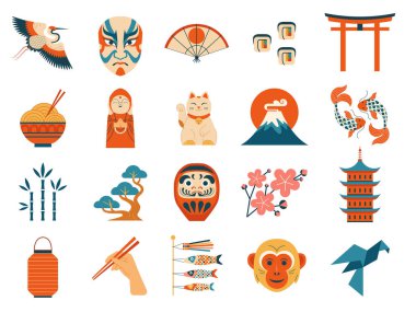 Japonya 'daki simge koleksiyonunu düz bir şekilde gezin. Maneki-neko kedisi, daruma, bonsai, sakura çiçekleri, Fuji dağı gibi ünlü semboller. Klasik Japon tırmanışları kültürel elementlerle ayarlandı.