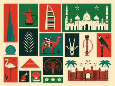 Emirates kare simgelerinde ünlü BAE sembolleri olan gezin. Sembolik turist çekimleri olan klasik tasarım tebrik kartı. Hayvanlarla, ulusal sembollerle ve mimari anıtlarla dolu kartpostal veya baskı.