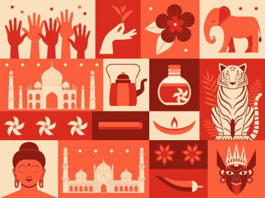 Hindistan 'ın kare simgelerine seyahat edin. Üzerinde Hindistan' ın ünlü sembolleri var. Antika tasarım tebrik kartı, Asya 'ya seyahat. Retro grafikler, Bharat simgelerinin yer aldığı kültür kolajına tırmanıyor.
