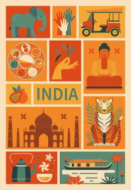 Hindistan 'ın kare simgelerini ünlü Hint sembolleriyle gezin. Antika tasarım tebrik kartı, Asya 'ya seyahat. Retro grafikler, Bharat turistik merkezlerinin yer aldığı kültür kolajına tırmanıyor.