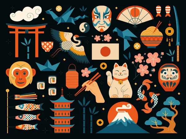 Japonya 'nın geleneksel öğelerini ve tasarım simgelerini keşfedin. Koi balığı, daruma, bonsai, origami, Fuji dağı, sakura, bayrak, Koinobori sazan balığı gibi ünlü kültürel semboller. Büyük klasik seyahat simgeleri seti.
