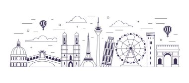 Avrupa, ikonik Avrupa simgeleriyle yatay olarak seyahat ediyor. Avrupa 'nın farklı kentlerinden gelen çeşitli uluslararası cazibe ve mimari eserlerin ufuk çizgisini tasvir eden çizgi sanat tasarımı.