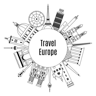 Avrupa 'ya seyahat et. Avrupa' nın sembolik simgelerinden oluşan sanat kartı tasarımı Avrupa 'nın çevresinde daire içine alınmış. Turist mimari etkinlikleri ve çeşitli Avrupa kentlerinden ünlü eserler.