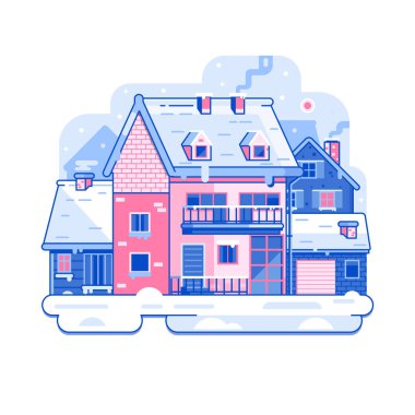 Çiftlik kışının yaşandığı, kırsal alanda baca tüttüren karlı köy manzarası. Kışa kadar kırsal bölgedeki yazlık ya da geleneksel çiftlik evi sanat eserleri. Doğrusal kar kaplı ev manzarası.