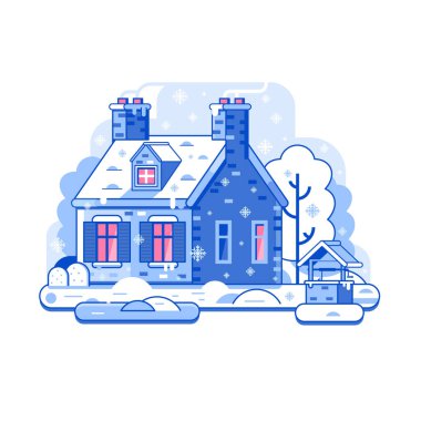 Kırsal alanda baca tüttüren çiftliğin kış eviyle karlı bir manzara. Kışa kadar kırsal bölgedeki yazlık ya da geleneksel çiftlik evi sanat eserleri. Doğrusal kar kaplı ev manzarası.