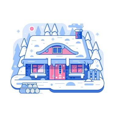 Ormanda baca tüttüren kışlık evle karlı bir sahne. Kışa kadar orman bölgesindeki sıcacık kır evi ya da geleneksel çiftlik evi. Doğrusal karla kaplı ev manzarası.