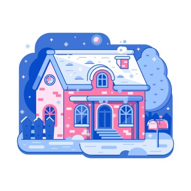 Kırsal alanda baca tüttüren çiftliğin kış eviyle karlı bir manzara. Kışa kadar kırsal bölgedeki yazlık ya da geleneksel çiftlik evi sanat eserleri. Doğrusal kar kaplı ev manzarası.