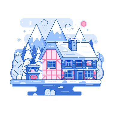 Donmuş göl ve dağların yanında kışlık evle karlı bir manzara. Kışa kadar orman bölgesindeki sıcacık kır evi ya da geleneksel çiftlik evi. Doğrusal karla kaplı ev manzarası.