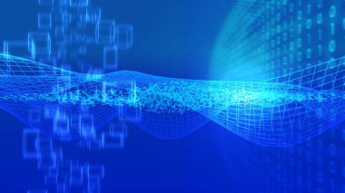 Mavi dalgaların soyut arkaplanı çizgiler, noktalar ve modern desenlerle fütüristik dijital illüstrasyon.