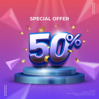 Vector 50 percent off discount creative composition with 3D style editable text effect