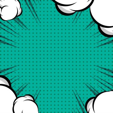Beyaz noktalı desenler ve beyaz bulutlar ve patlamalarla yeşil çizgi roman tarzı arka plan, siyah noktalı desenler ve yeşil bulutlar veya patlamalarla mavi çizgi roman tarzı arka plan