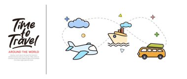 Düz stil tasarımında seyahat konsepti vektör çizimi. Tatil arka planına sahip seyahat taşıma simgesi