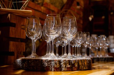 polished and shiny wine glasses at a bohemian rustic party on a tree trunk stand
