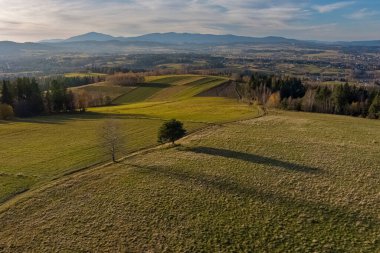 aerial view of the meadow and mountain