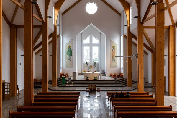 interiors and details in catholic church modern and simple catholic church interior view towards the altar