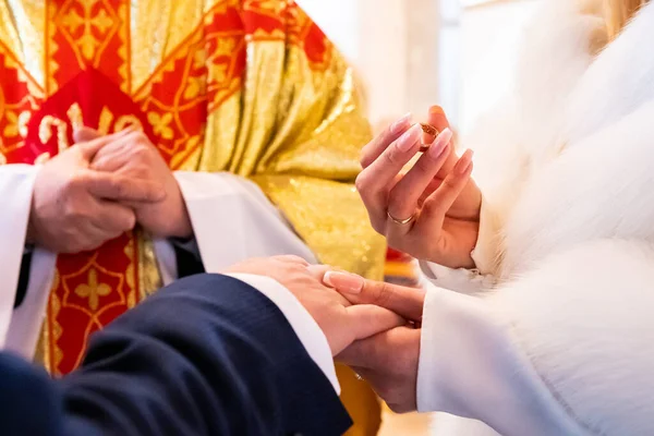 hands, wedding rings and marriage vows the bride holds and puts a wedding ring on the groom's finger