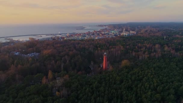 Drone Shot Lighthouse Hel Peninsula Poland Lighthouse End Poland Dusk — Stock Video