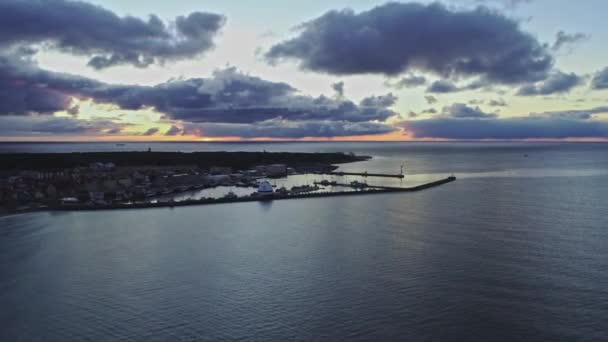 Rise Revealing Drone Shot Fishing Port Hel Baltic Sea Dawn — Stock Video
