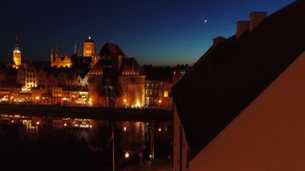 Aerial View Gdansk Poland Evening Drone Landing Shoot Medieval Crane — Stock Video