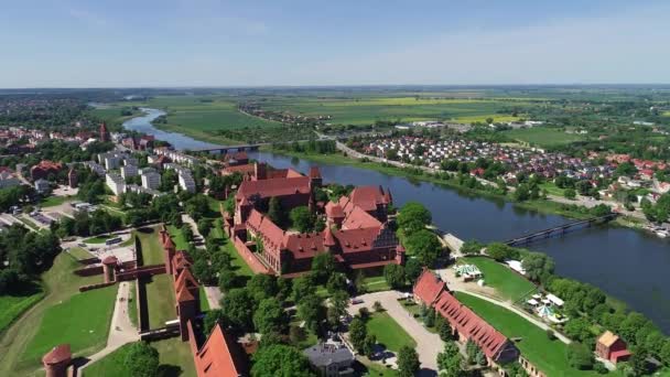 Medieval Teutonic Castle Malbork Poland River Nogat Aerial View Largest — Stock Video