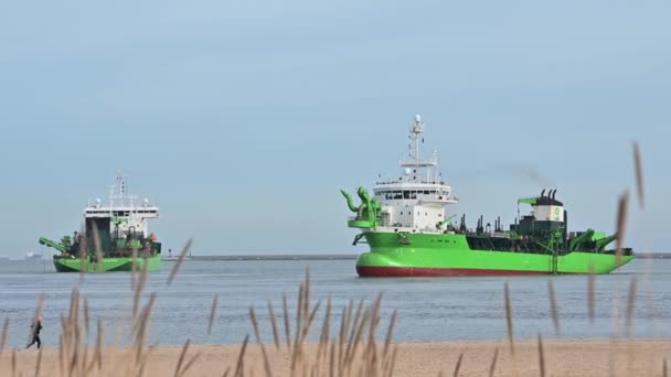 Buque Dragado Construcción Portuaria Gdansk Polonia Ripear Agua Mover Barco — Vídeos de Stock