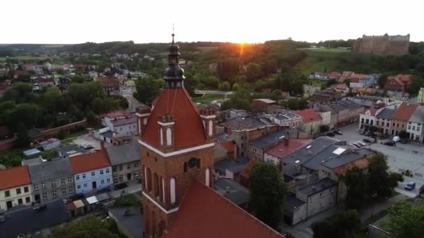 Medieval Town Golub Dobrzyn Poland Church Tower Roofs Street Townhouses — Stock Video