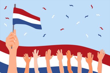 Kurtuluş Günü Geçmişi. Arka planda Hollanda bayrağını tutan eller, çok sayıda el kaldırılıyor ve arkasında Hollanda bayrağı var. açık mavi arkaplan
