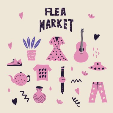 Bit pazarında bulunan eşyalar: gitar, elbise, tişört, kot pantolon, vazo, şapka, bitki, çaydanlık. şirin tasarım, düz vektör çizimi. 