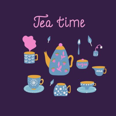 Çay demliği, fincanlar, çay poşetleri, süt sürahisi, vb. Düz vektör. El çizimi illüstrasyon.