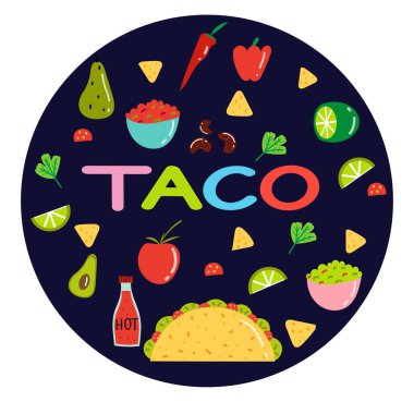 Meksika yemek seçimi. Taco, acı sos, salsa, guacamole, sebze. Limon, domates, fasulye, kırmızı biber, kişniş, cips..