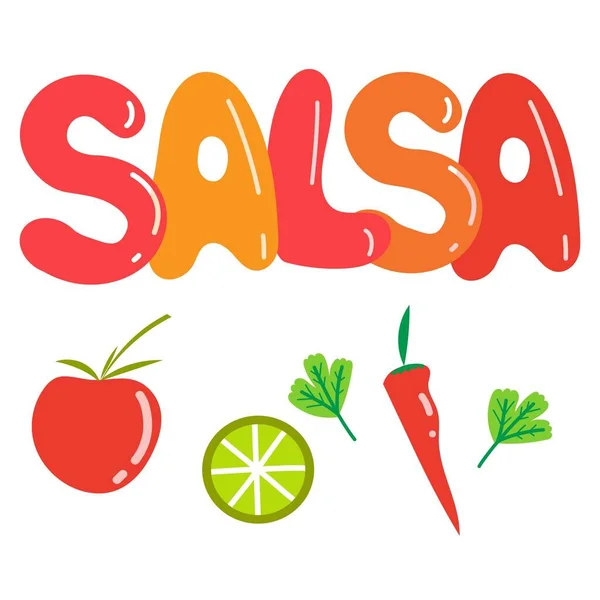 Μεγάλη Επιγραφή Salsa Συστατικά Για Salsa Νόστιμη Ντομάτα Καυτερή Πιπεριά — Διανυσματικό Αρχείο