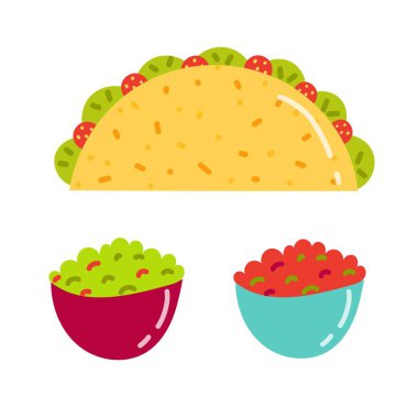 Taco ve iki kase salsa sosu ve guacamole sosu..