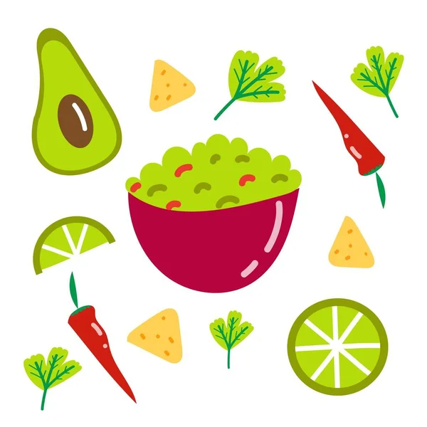 Ingredients Guacamole Tasty Avocado Chili Pepper Lime Coriander Flat Vector — Stock Vector