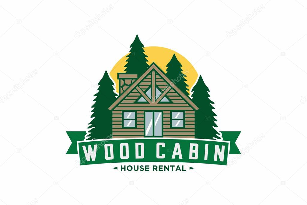 Wooden Cabin Logo Template on a pine tree background