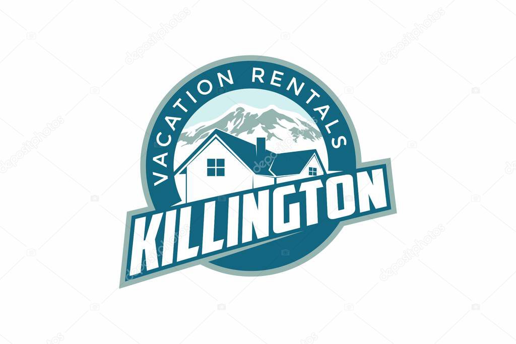 Vacation home rental logo design inspiration, vector illustration of winter landscape with mountains