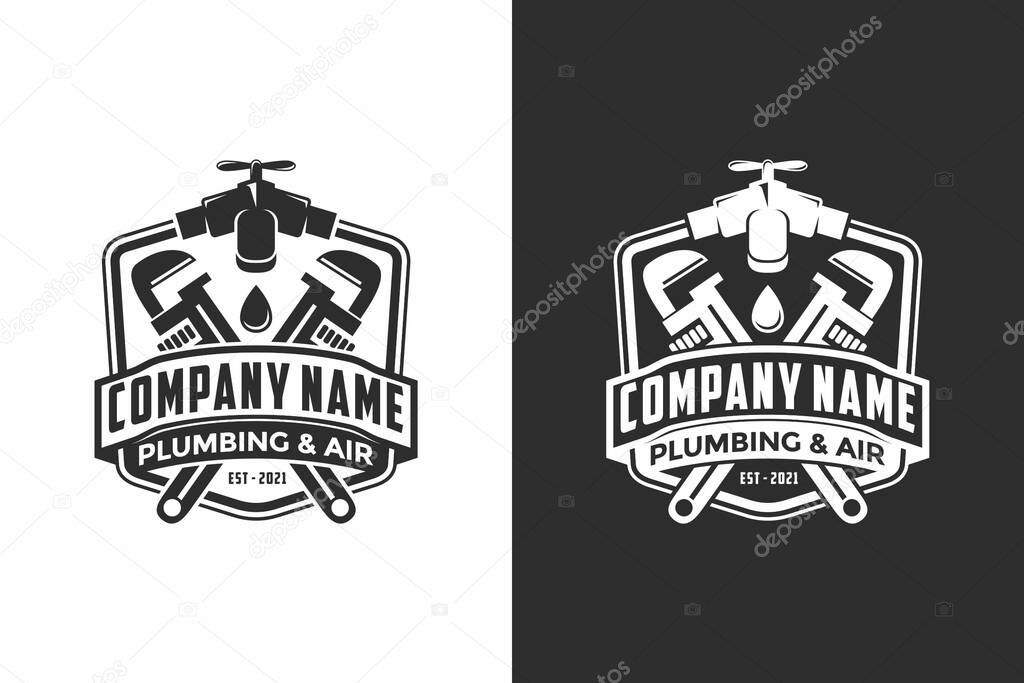 Plumbing service logo with water faucet and dripping water. pipe control illustration