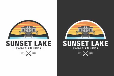 Gölün üzerinde gün batımı olan kiralık tatil evi logosu şablonu