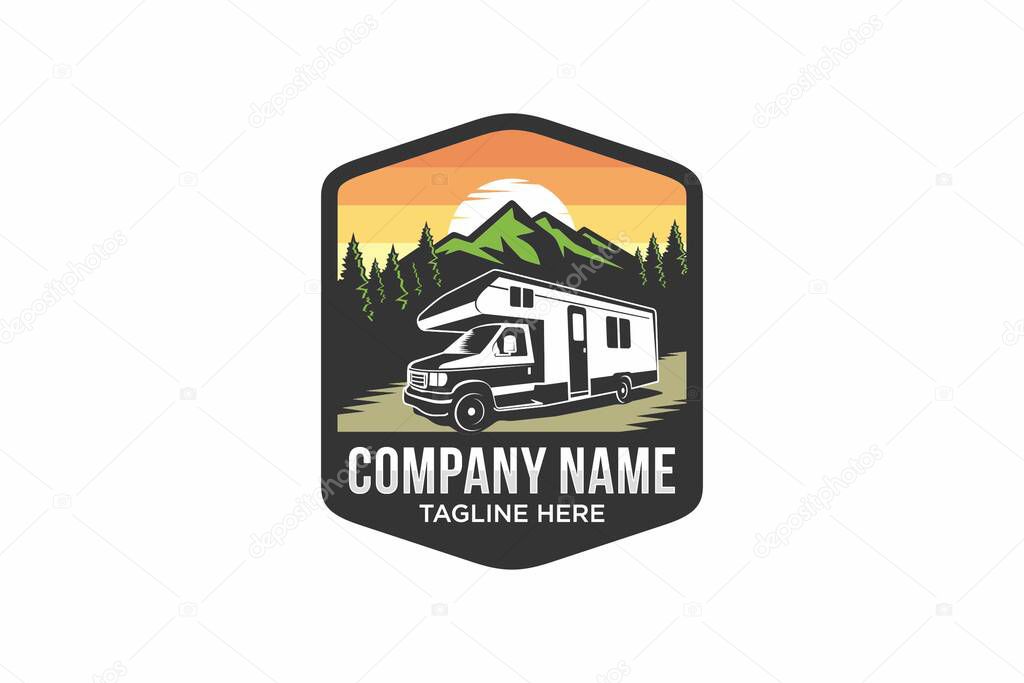 Camper van or recreational vehicle (RV) adventure car logo template, Travel and leisure vector design.