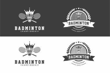 Badminton logosu, amblem seti koleksiyonu, hafif arkaplanda dizayn şablonu