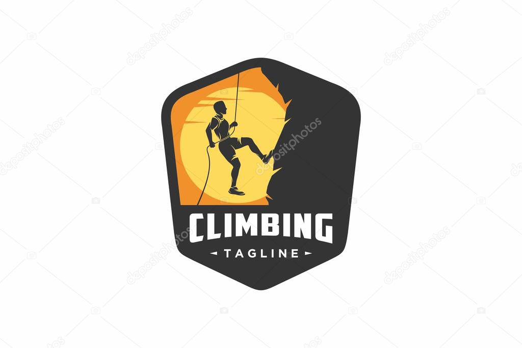 Climbing logo concept, silhouette design illustration of a man climbing on a cliff