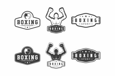 Boks kulübü amblemi seti, turnuva, boks logosu tasarımı, beyaz arka planda boks eldiveni vektörü.
