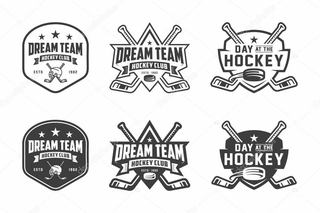 Set of hockey emblems, logos, badges, labels and design elements. Graphic arts. Vector illustration