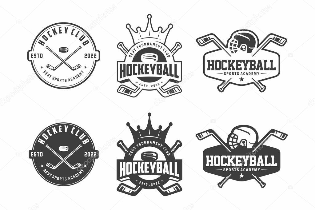 Set of hockey emblems, logos, badges, labels and design elements. Graphic arts. Vector illustration