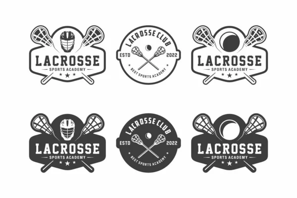 Set Emblemi Del Lacrosse Club Torneo Lacrosse Logo Design Bastone — Vettoriale Stock