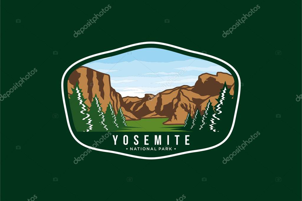 Emblem patch logo illustration of yosemite National park on dark background