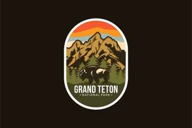 Grand Teton Ulusal Parkı Amblem Amblemi koyu arkaplan üzerindeki amblem çizimi